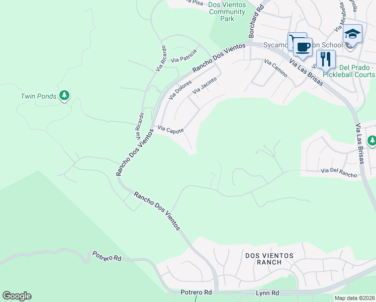 map of restaurants, bars, coffee shops, grocery stores, and more near 615 Via Cristina in Thousand Oaks