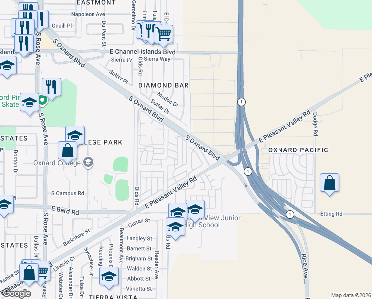 map of restaurants, bars, coffee shops, grocery stores, and more near 3620 Avocado Lane in Oxnard