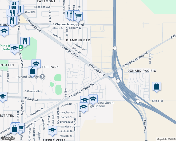 map of restaurants, bars, coffee shops, grocery stores, and more near 3620 Avocado Lane in Oxnard