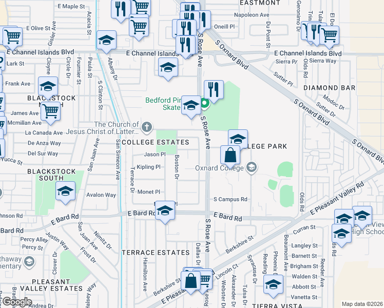 map of restaurants, bars, coffee shops, grocery stores, and more near 3630 Dallas Drive in Oxnard