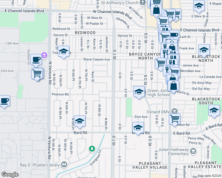 map of restaurants, bars, coffee shops, grocery stores, and more near 3620 South J Street in Oxnard