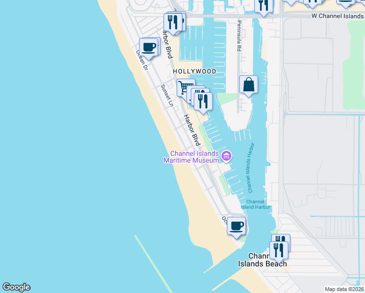 map of restaurants, bars, coffee shops, grocery stores, and more near 3637 Ocean Drive in Oxnard
