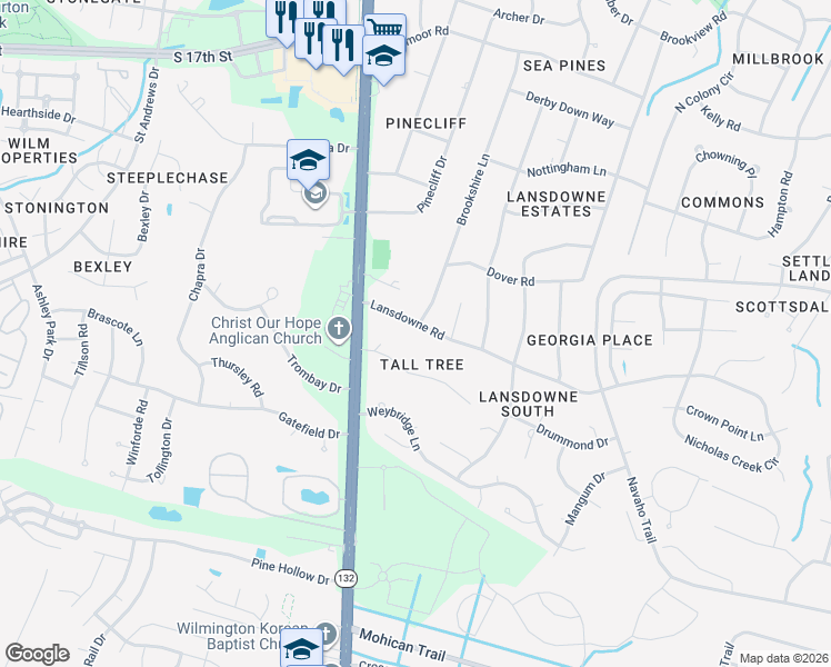 map of restaurants, bars, coffee shops, grocery stores, and more near 101 Brookshire Lane in Wilmington