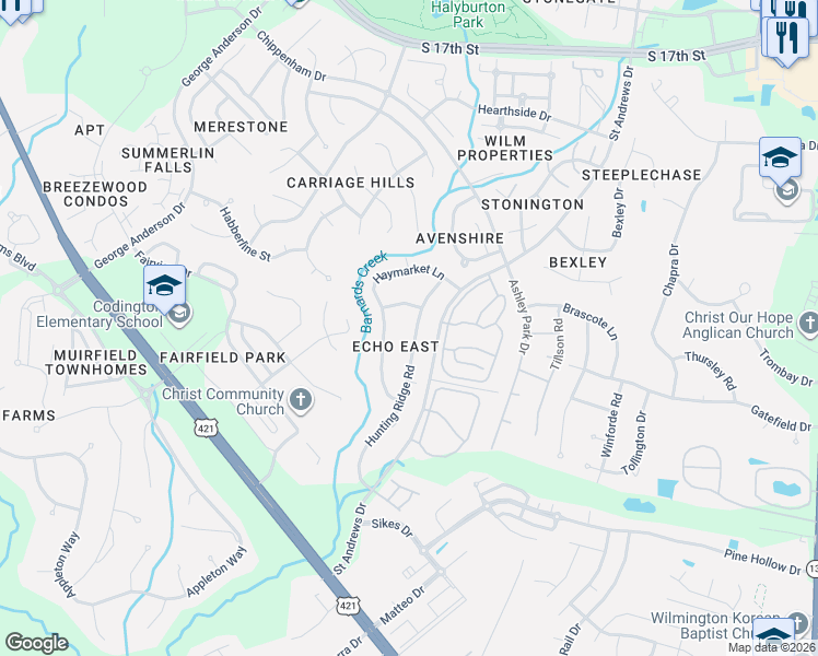 map of restaurants, bars, coffee shops, grocery stores, and more near 4400-4498 Leatherwood Drive in Wilmington