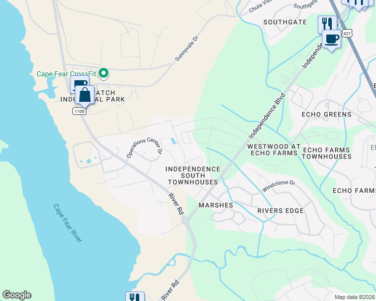 map of restaurants, bars, coffee shops, grocery stores, and more near Coleman Drvie in Wilmington