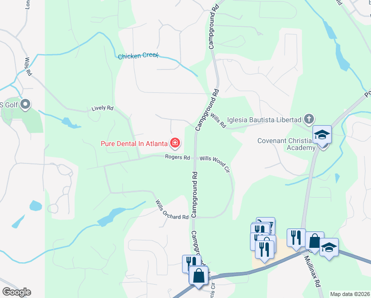 map of restaurants, bars, coffee shops, grocery stores, and more near 5825 Campground Road in Cumming
