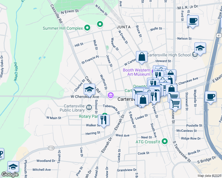map of restaurants, bars, coffee shops, grocery stores, and more near 225 West Church Street in Cartersville