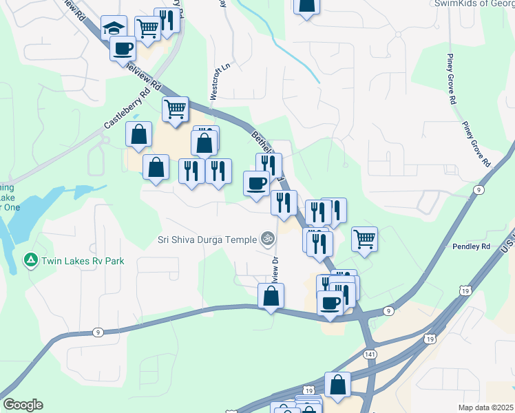 map of restaurants, bars, coffee shops, grocery stores, and more near 6020 Parkway North Drive in Cumming