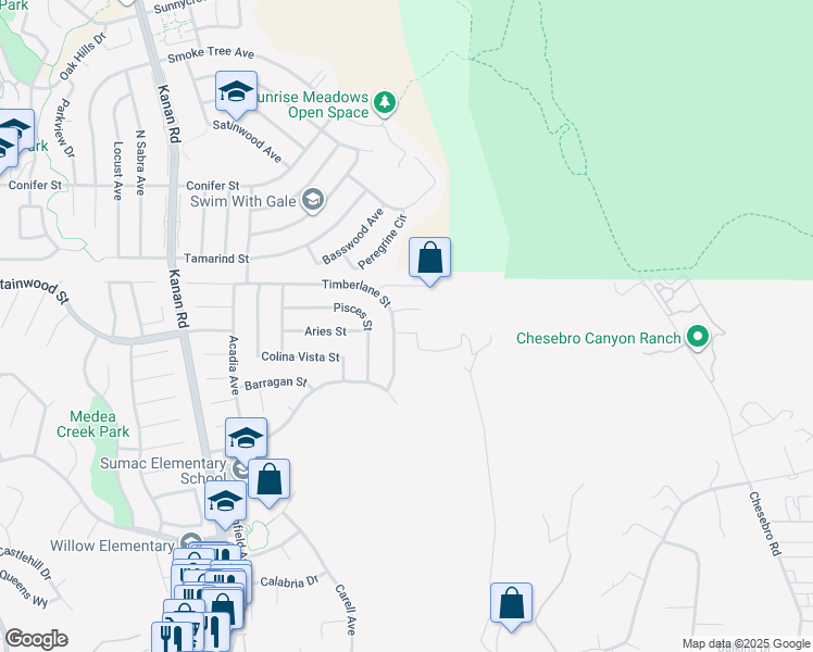 map of restaurants, bars, coffee shops, grocery stores, and more near 28647 Bamfield Drive in Agoura Hills