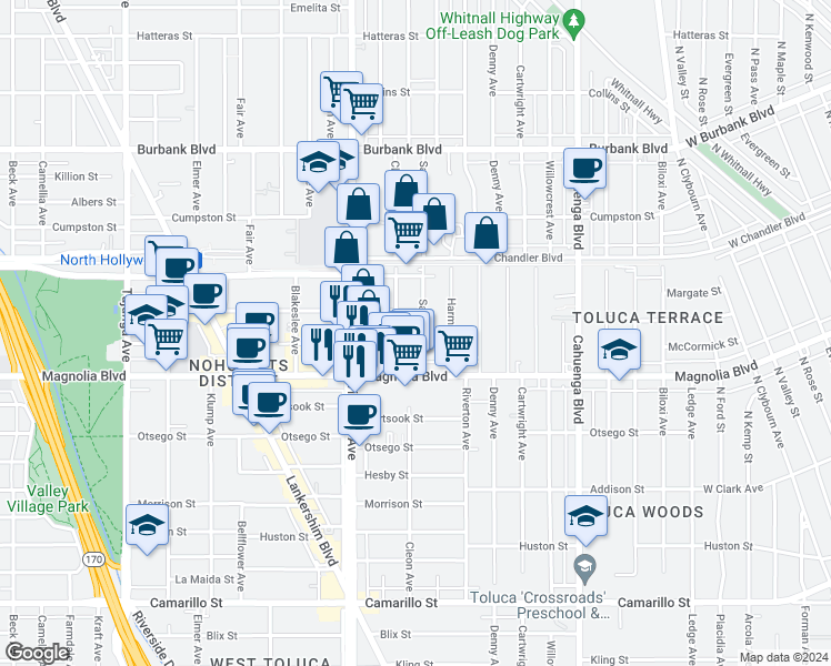 map of restaurants, bars, coffee shops, grocery stores, and more near 5249 Satsuma Avenue in Los Angeles