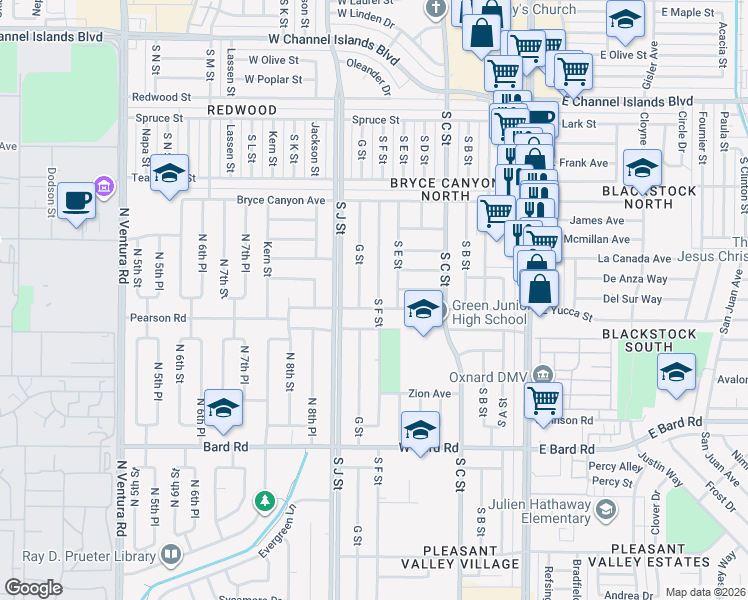 map of restaurants, bars, coffee shops, grocery stores, and more near 3620 South F Street in Oxnard