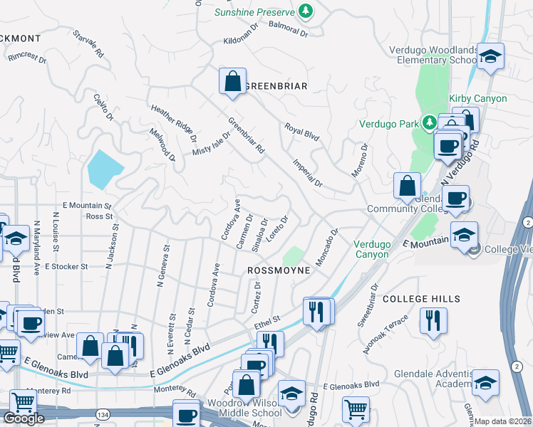 map of restaurants, bars, coffee shops, grocery stores, and more near 945 Rosemount Road in Glendale