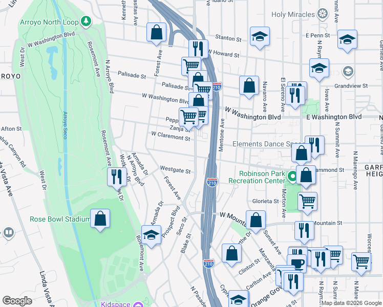 map of restaurants, bars, coffee shops, grocery stores, and more near 440 West Claremont Street in Pasadena