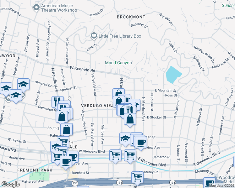 map of restaurants, bars, coffee shops, grocery stores, and more near 1405 North Central Avenue in Glendale
