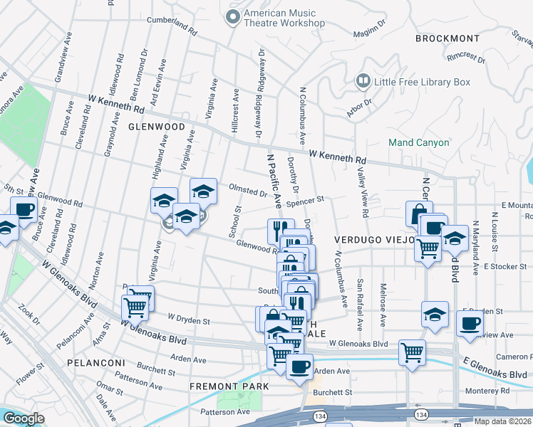 map of restaurants, bars, coffee shops, grocery stores, and more near 1407 North Pacific Avenue in Glendale