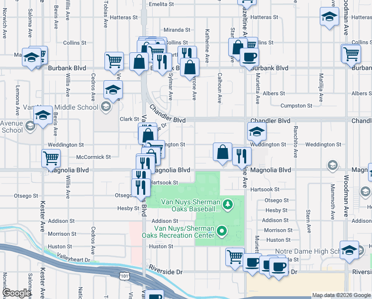 map of restaurants, bars, coffee shops, grocery stores, and more near 14303 Weddington Street in Los Angeles