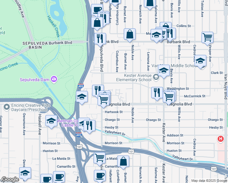 map of restaurants, bars, coffee shops, grocery stores, and more near 15162 Weddington Street in Los Angeles
