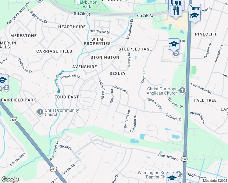 map of restaurants, bars, coffee shops, grocery stores, and more near 108-110 Brascote Lane in Wilmington