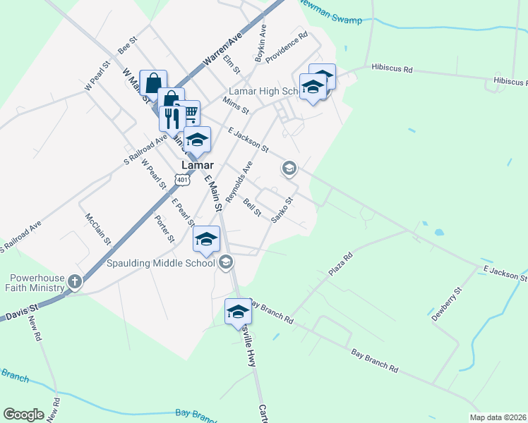 map of restaurants, bars, coffee shops, grocery stores, and more near 225 Adams Circle in Lamar