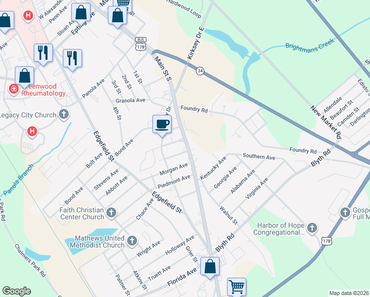 map of restaurants, bars, coffee shops, grocery stores, and more near 102 Columbia Avenue in Greenwood