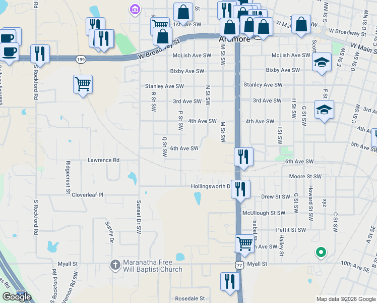 map of restaurants, bars, coffee shops, grocery stores, and more near 811 O Street Southwest in Ardmore