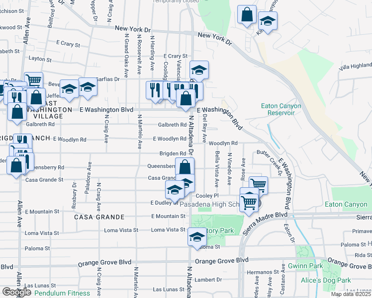 map of restaurants, bars, coffee shops, grocery stores, and more near 2501 Brigden Road in Pasadena
