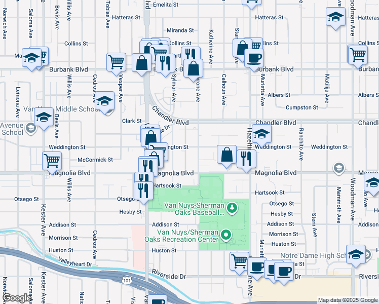 map of restaurants, bars, coffee shops, grocery stores, and more near 5248 Lennox Avenue in Los Angeles