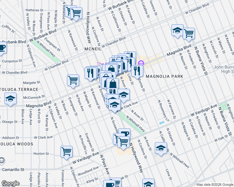 map of restaurants, bars, coffee shops, grocery stores, and more near 915 North Cordova Street in Burbank