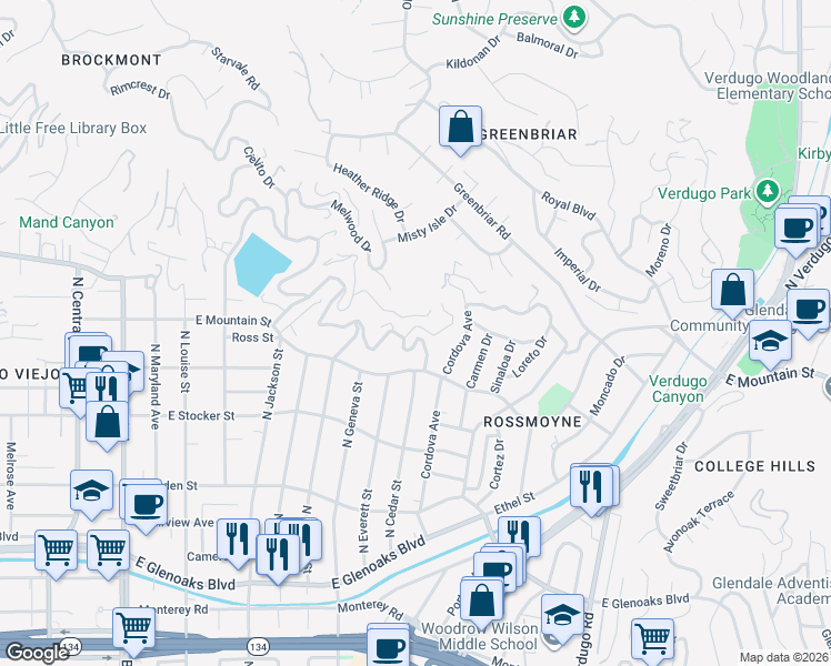 map of restaurants, bars, coffee shops, grocery stores, and more near 881 Harrington Road in Glendale