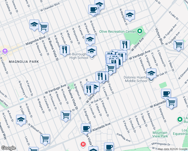 map of restaurants, bars, coffee shops, grocery stores, and more near 313 North Keystone Street in Burbank