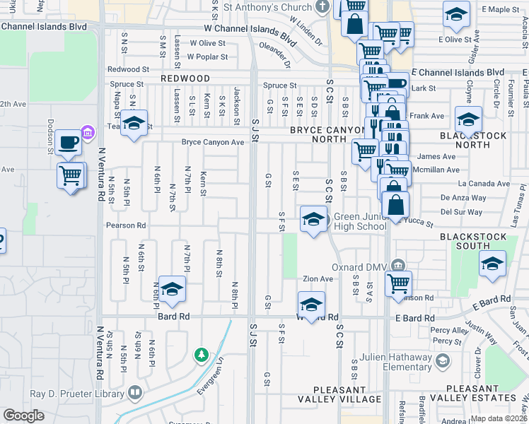 map of restaurants, bars, coffee shops, grocery stores, and more near 3620 South J Street in Oxnard