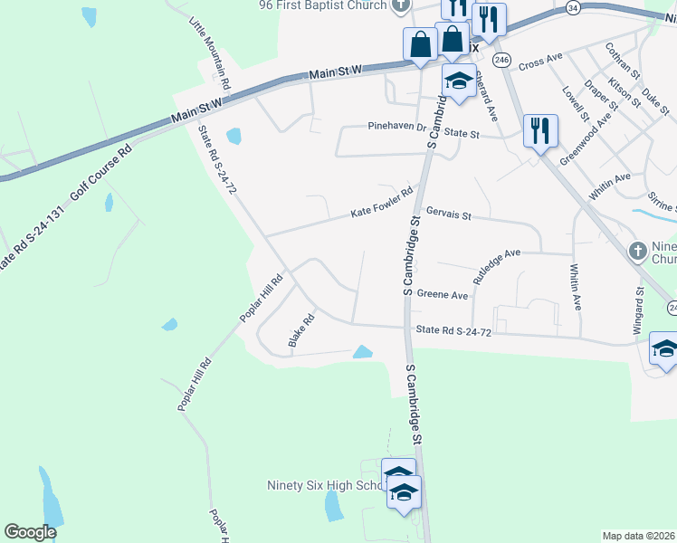 map of restaurants, bars, coffee shops, grocery stores, and more near 106 Dogwood Drive in Ninety Six