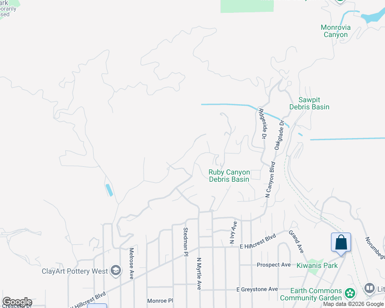 map of restaurants, bars, coffee shops, grocery stores, and more near 77 Hidden Valley Road in Monrovia