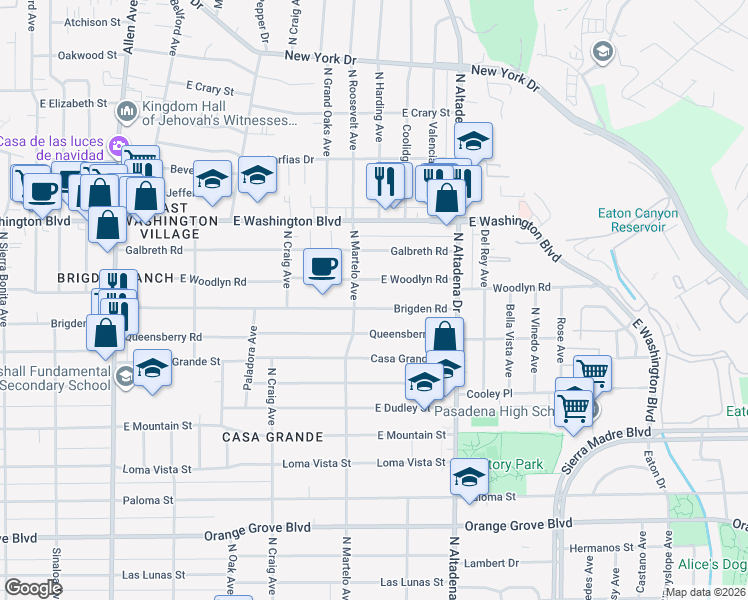 map of restaurants, bars, coffee shops, grocery stores, and more near 2336 East Woodlyn Road in Pasadena