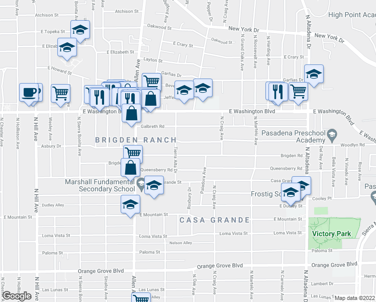 map of restaurants, bars, coffee shops, grocery stores, and more near 2025 East Woodlyn Road in Pasadena