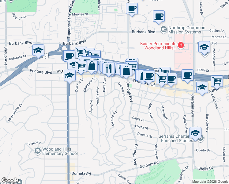map of restaurants, bars, coffee shops, grocery stores, and more near 5355 Campo Road in Los Angeles