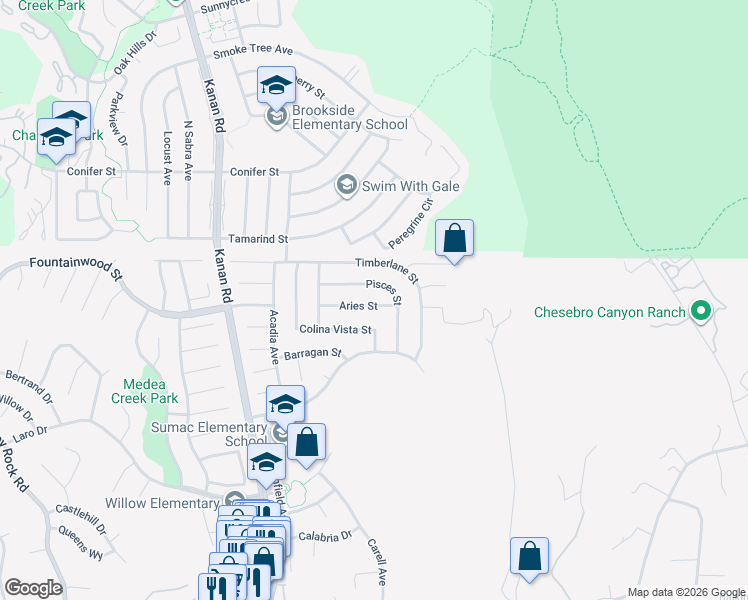 map of restaurants, bars, coffee shops, grocery stores, and more near 28727 Pisces Street in Agoura Hills