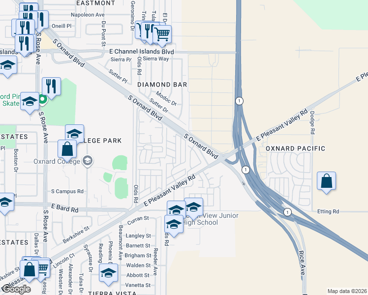 map of restaurants, bars, coffee shops, grocery stores, and more near 3620 Avocado Lane in Oxnard