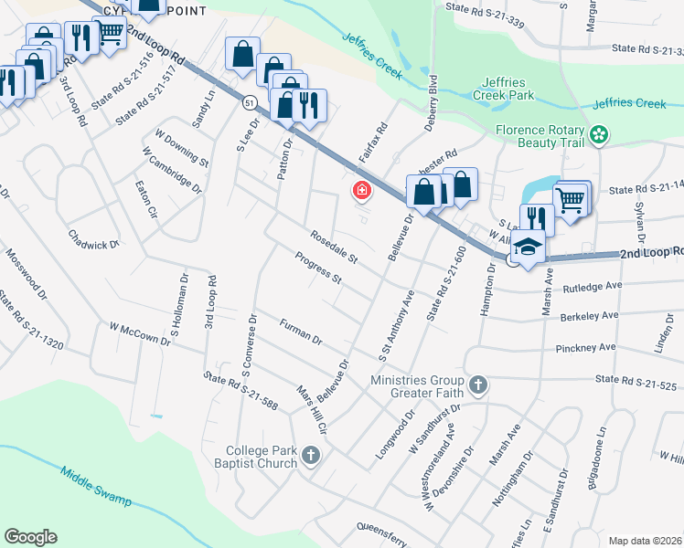 map of restaurants, bars, coffee shops, grocery stores, and more near 1504 Rosedale Street in Florence