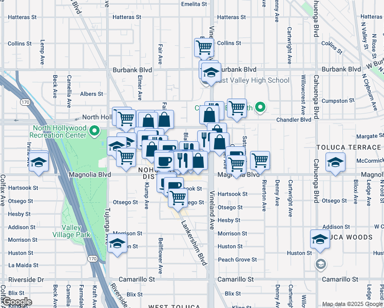 map of restaurants, bars, coffee shops, grocery stores, and more near 11061 Weddington Street in Los Angeles