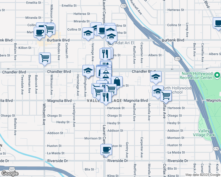 map of restaurants, bars, coffee shops, grocery stores, and more near 5251 Agnes Avenue in Los Angeles