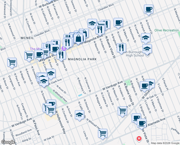 map of restaurants, bars, coffee shops, grocery stores, and more near 2913 West Clark Avenue in Burbank
