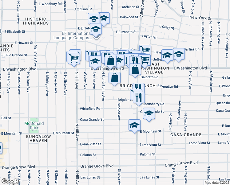 map of restaurants, bars, coffee shops, grocery stores, and more near 1670 Asbury Drive in Pasadena
