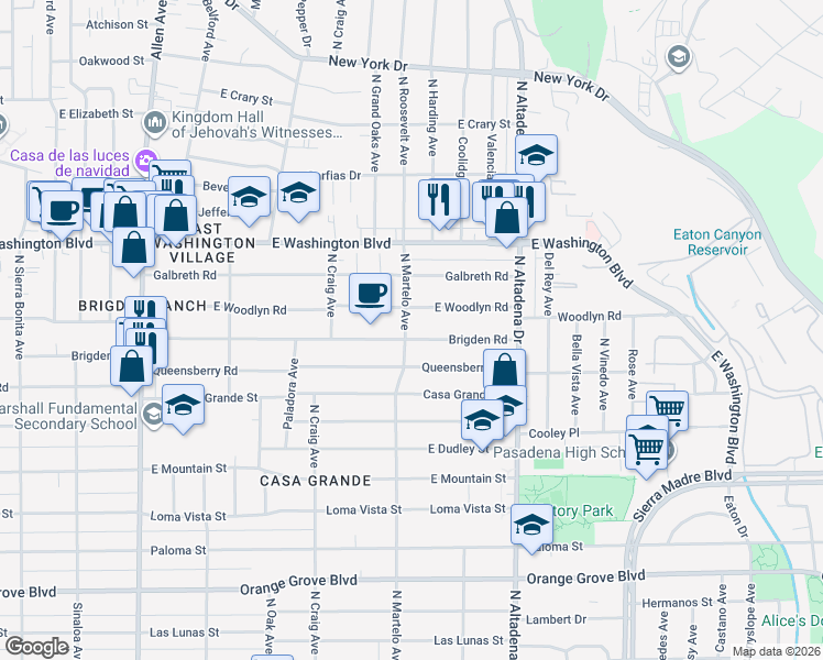 map of restaurants, bars, coffee shops, grocery stores, and more near 2336 East Woodlyn Road in Pasadena
