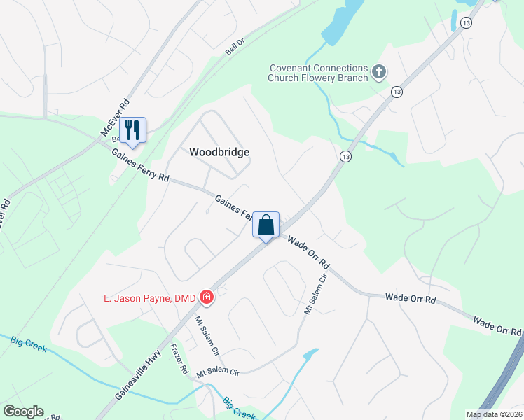 map of restaurants, bars, coffee shops, grocery stores, and more near 6030 Gaines Ferry Road in Flowery Branch