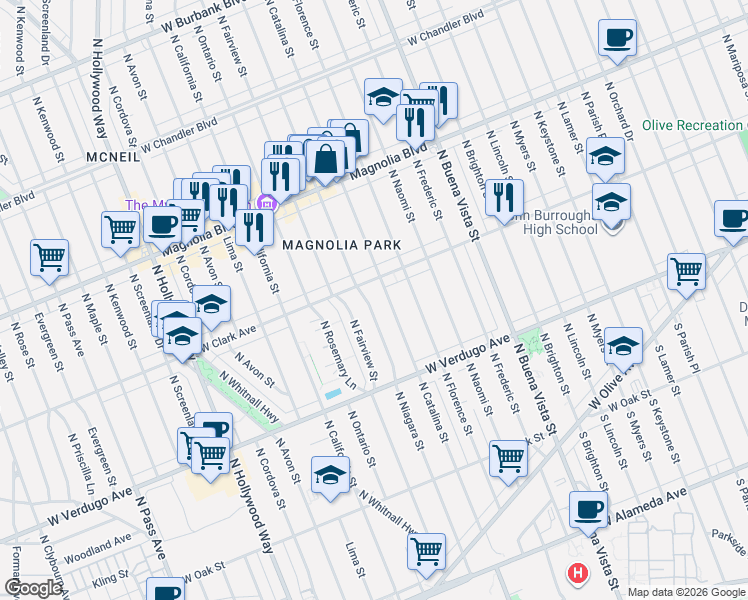 map of restaurants, bars, coffee shops, grocery stores, and more near 630 North Niagara Street in Burbank