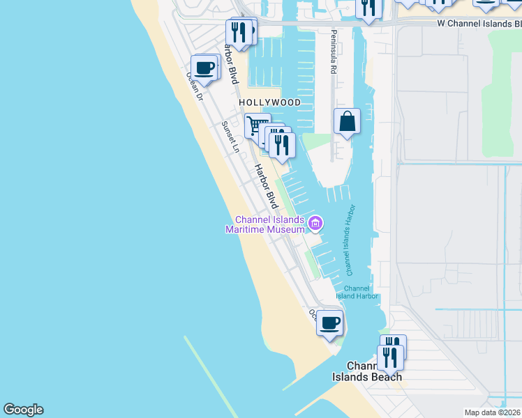 map of restaurants, bars, coffee shops, grocery stores, and more near 109 La Granada Street in Oxnard