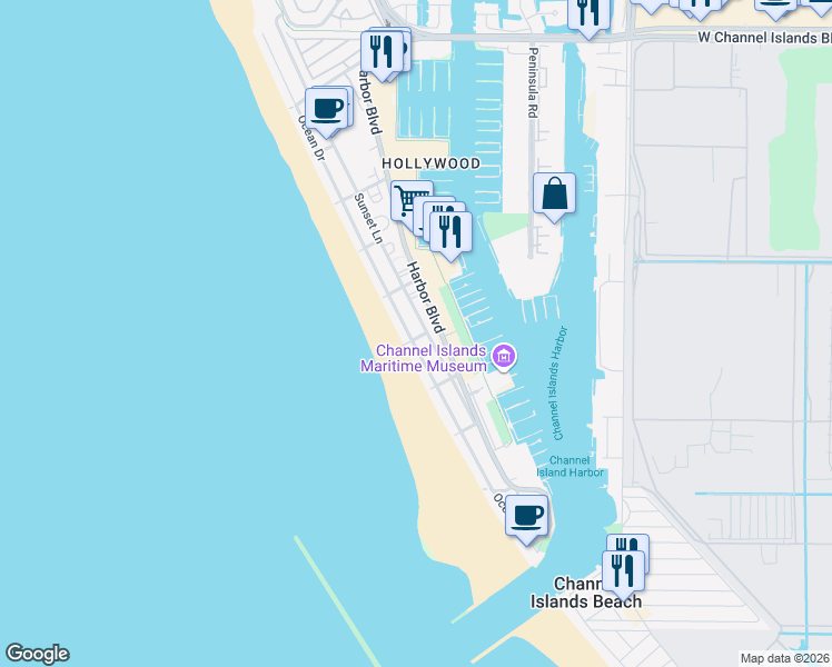 map of restaurants, bars, coffee shops, grocery stores, and more near 109 La Granada Street in Oxnard