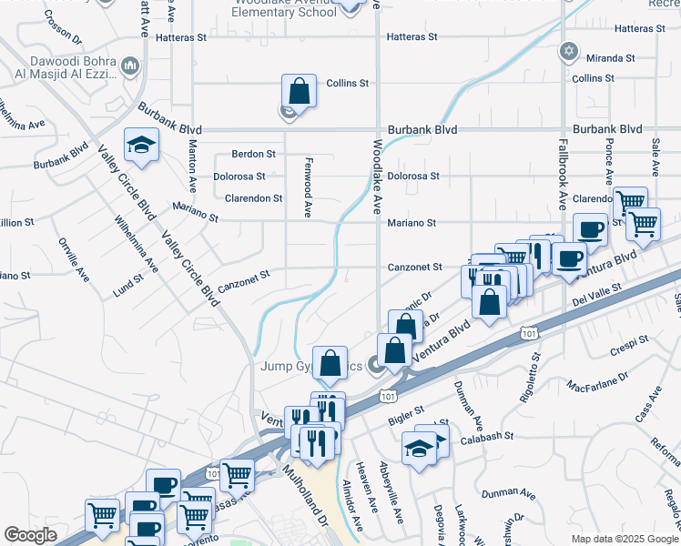 map of restaurants, bars, coffee shops, grocery stores, and more near 23246 Canzonet Street in Los Angeles