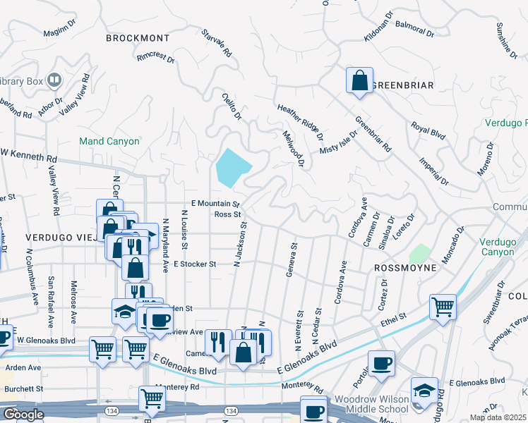 map of restaurants, bars, coffee shops, grocery stores, and more near 1328 North Jackson Street in Glendale
